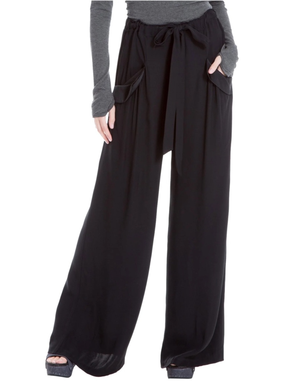 NWOT Max Studio Edit Wide Drawstring waist flap pockets Black trousers Pants M